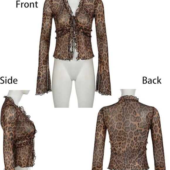 Sheer Mesh Top Leopard Cardigan Cheetah Y2K Ruffle Tie Front Blouse Large NWT - Picture 8 of 9